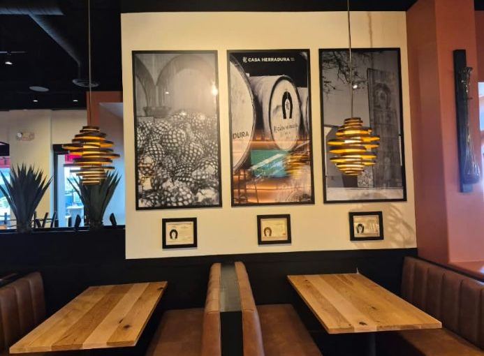 Restaurant booths with wood tabletops